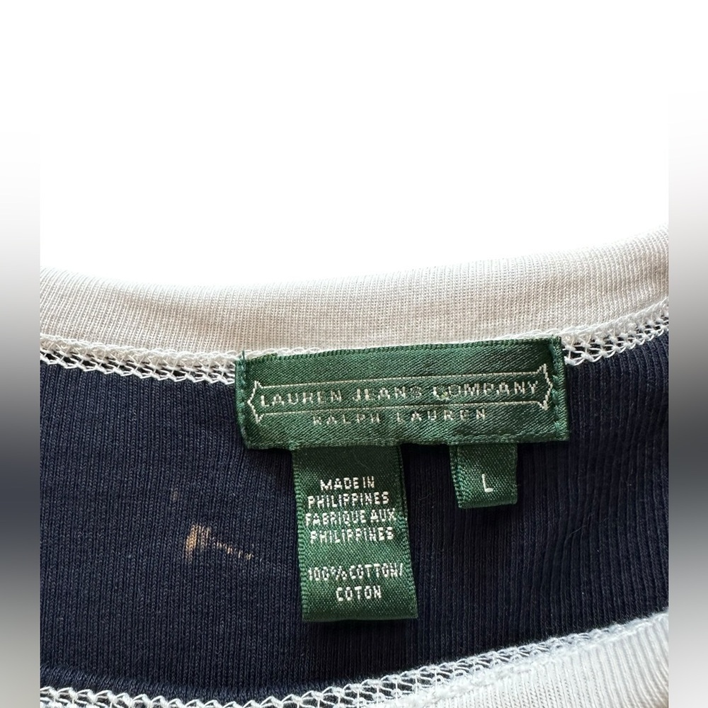 Lauren Jeans Co. Ralph Lauren Navy Contrast Ringer Tee Y2K Patch Detail Size L - Picture 5 of 7